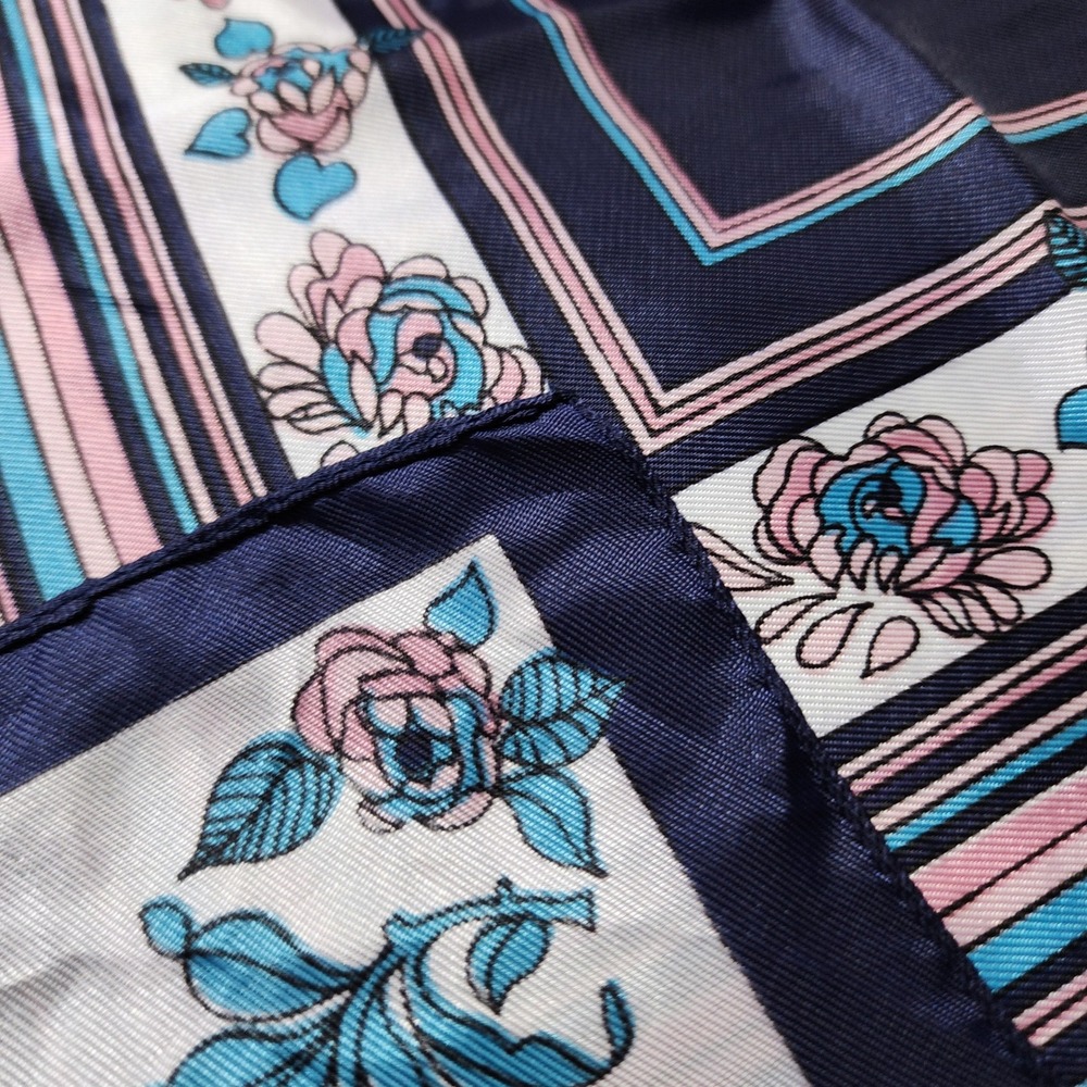 Vintage Made in Italy Floral Geometric Square Scarf Navy Pink Blue Acetate